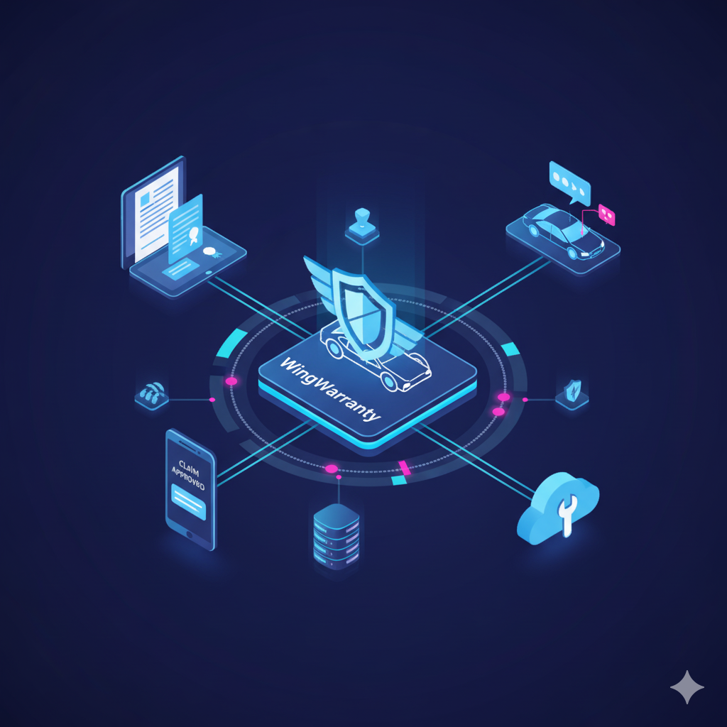 Illustration of the WingWarranty Car Warranty Platform showing digital vehicle warranty management and online features.