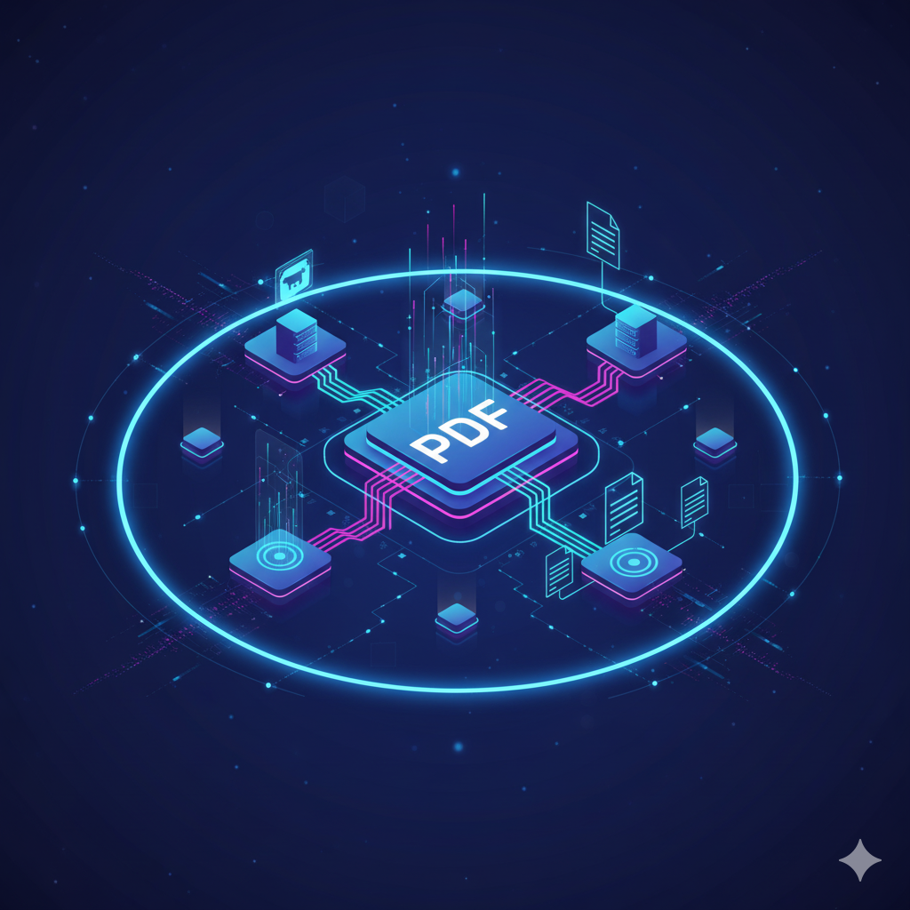 PDF generation microservice illustration showing Node.js, Bull queues, and Puppeteer rendering manufacturing-ready tech pack PDFs