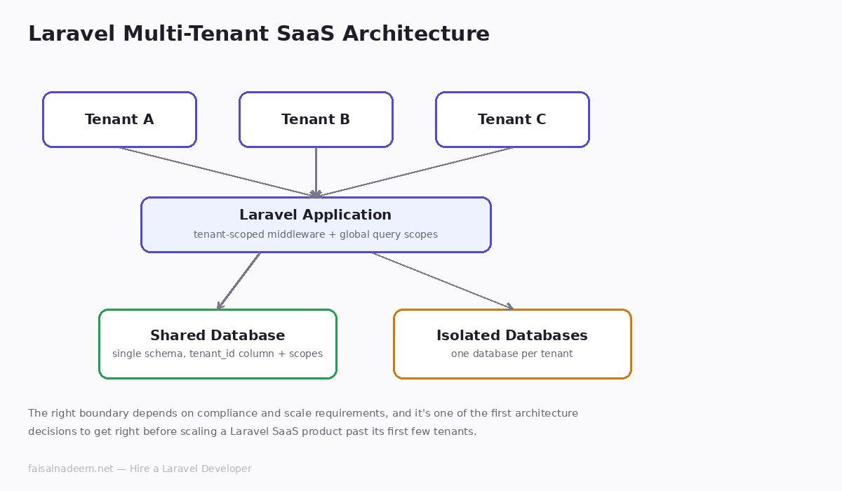 Hire a Laravel developer for multi-tenant SaaS architecture with shared or isolated tenant databases