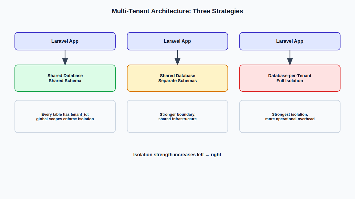 Laravel SaaS development: multi-tenant architecture strategies compared: shared database with tenant scoping, separate schemas, and database-per-tenant isolation.