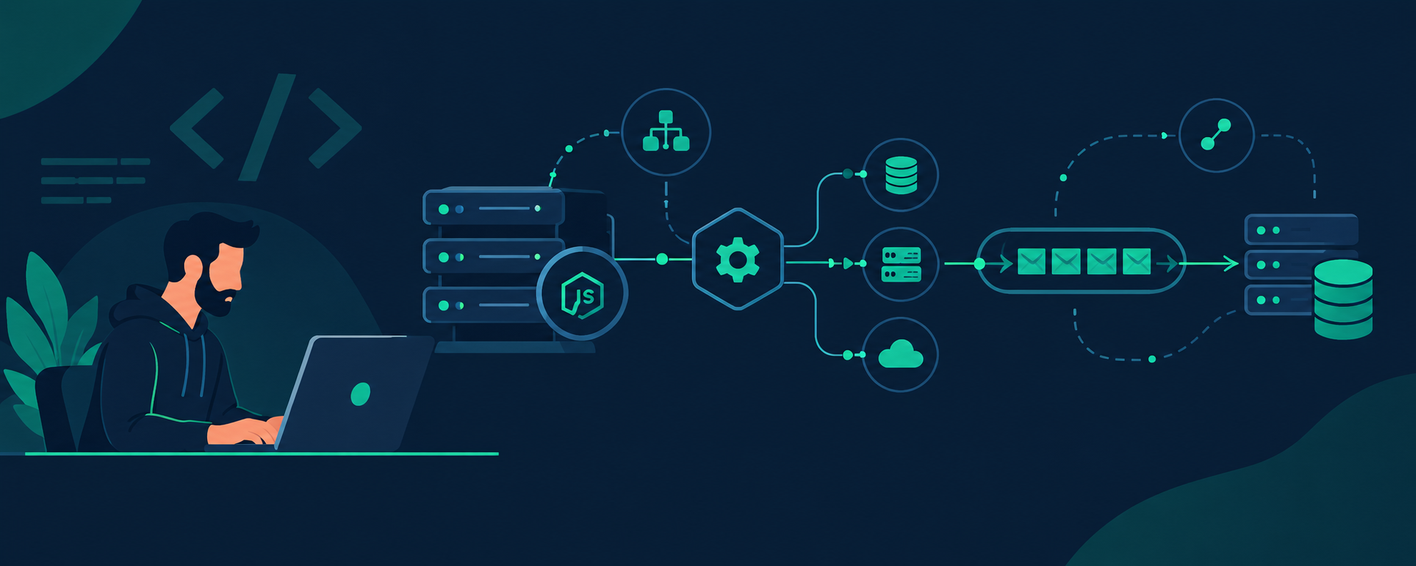 Illustration of Node.js backend architecture showing API servers, job queue pipeline, and database connections